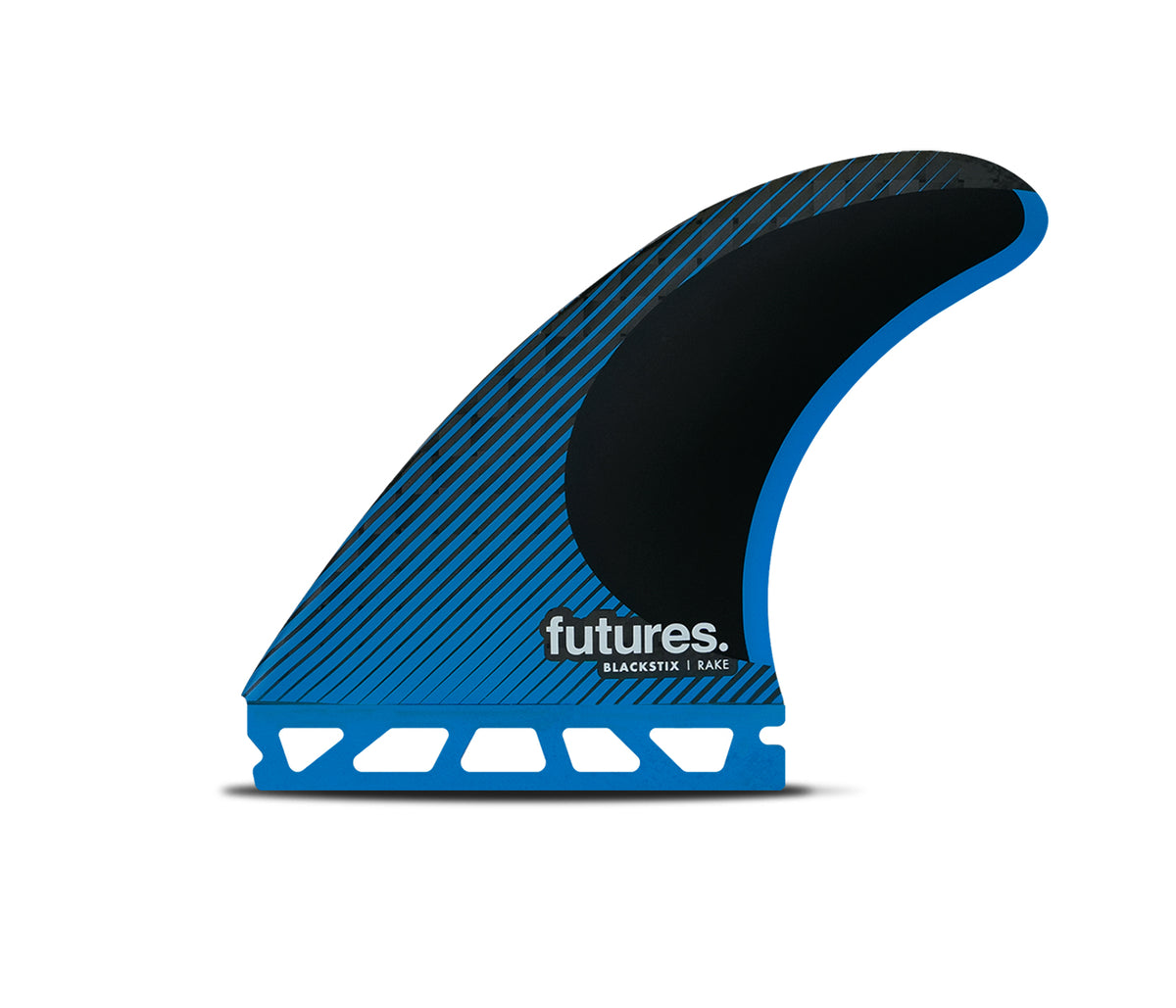 Futures R6 Blackstix Medium rake thruster fin set — full deck view